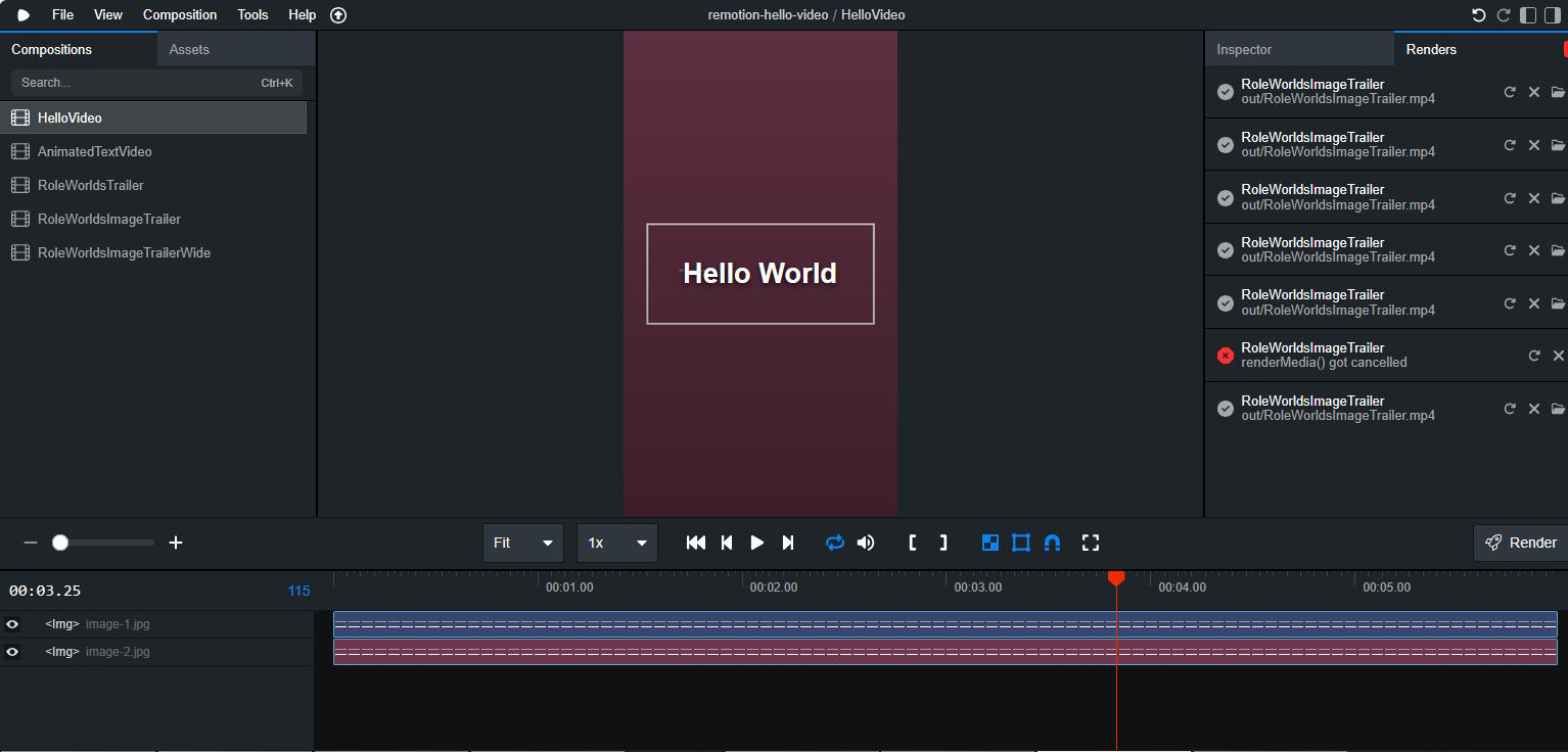 Пример HelloVideo в Remotion